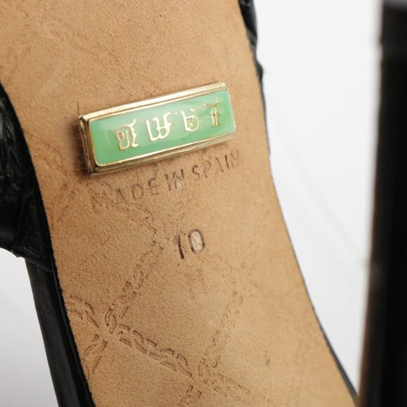 LAMB Womens Lita Sandals Size 10 Black Leather Ruffle T-Strap Heels Gwen Stefani - Picture 7 of 15